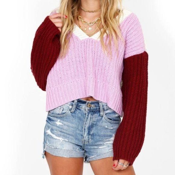 Wildfox NWT Womens chunky Knit Colorblock Sweater Pink & Burgundy size M fall - Picture 4 of 11